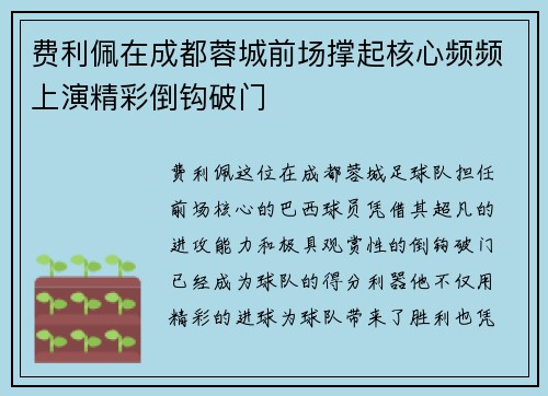 费利佩在成都蓉城前场撑起核心频频上演精彩倒钩破门